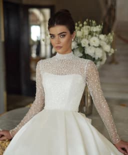 Customized A-line Dress, High-neck Wedding Dress, Elegant Bow Puffy Dress, Wedding Dress Vestido De Novia