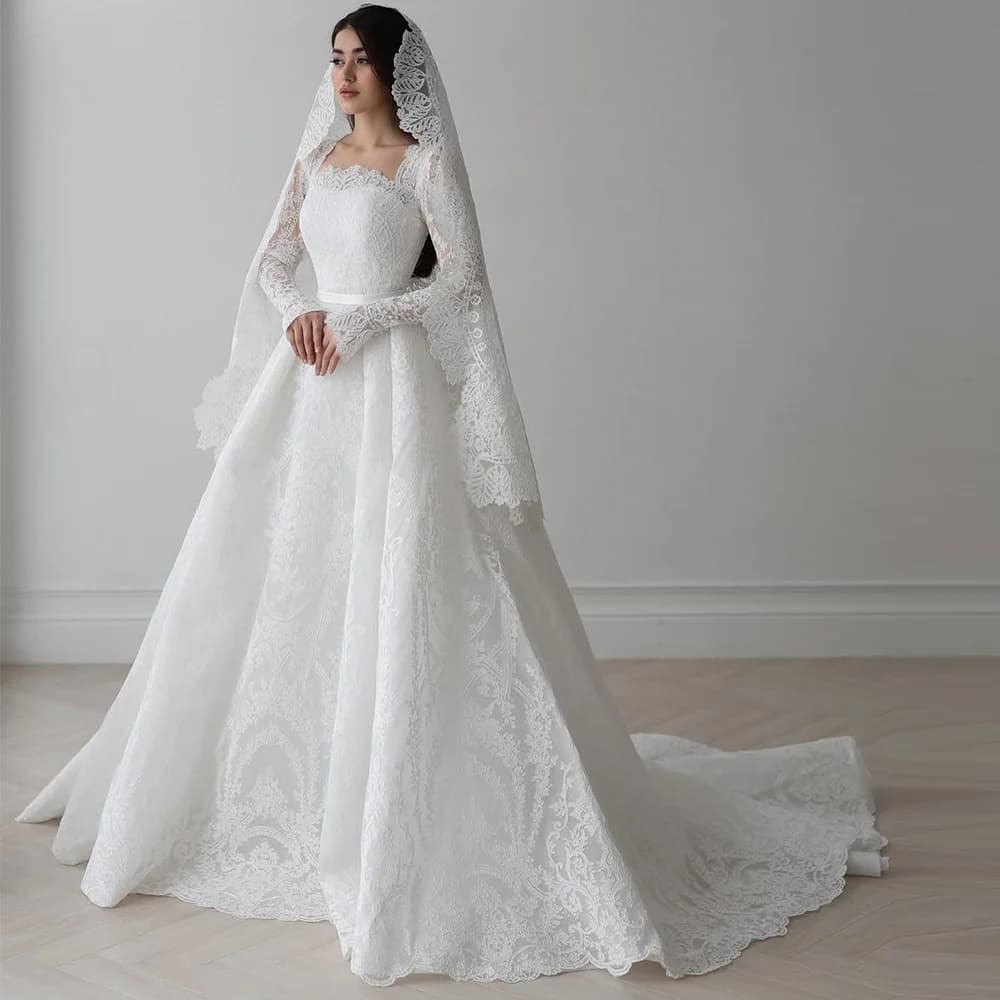 Modern Long Sleeves Customized Bridal Gowns Elegant Square Collar A-Line Wedding Dress Exquisite Appliques Lace Vestido De Novia