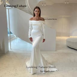 Customized Simple Satin Mermaid Long Wedding Dress Sexy Off Shoulder Formal Pleat Boat Neck Vintage BacklessZipper Bridal Growns