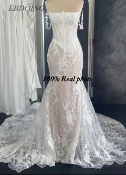 EBDOING Wedding Dress Mermaid Lace Boat Neck Neckline Classic Basque With Beading Customized Bride Gown
