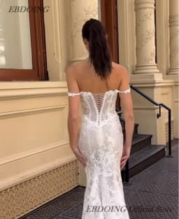 EBDOING Wedding Dress Mermaid Lace Boat Neck Neckline Classic Basque With Beading Customized Bride Gown