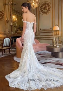 EBDOING Wedding Dress Mermaid Lace Boat Neck Neckline Classic Basque With Beading Customized Bride Gown