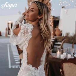 Bohemian Wedding Dresses Lace V-Neck Elegant Wedding Gown Boho Beach Bridal Dress Long Sleeves Open Back vestido novia