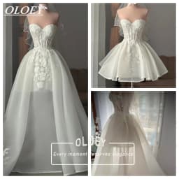 OLOEY Fairy Flowers Short Puffy Wedding Dresses with Detachable Tail Sleeves Sweetheart Neck Mini Bridal Gown Customized Corset