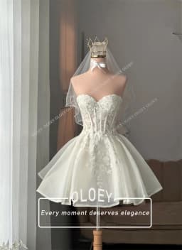 OLOEY Fairy Flowers Short Puffy Wedding Dresses with Detachable Tail Sleeves Sweetheart Neck Mini Bridal Gown Customized Corset