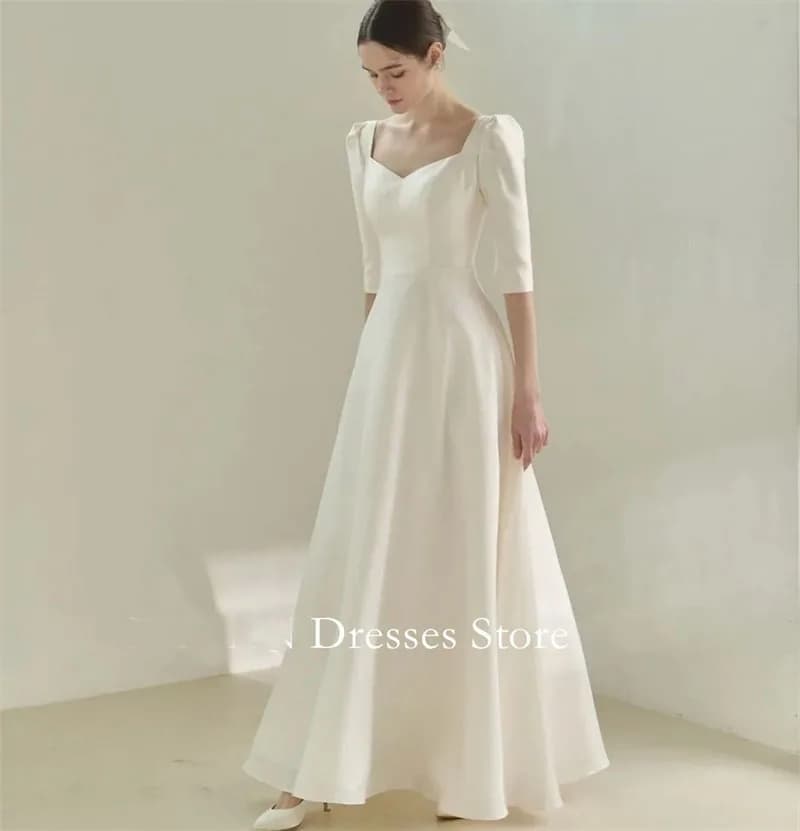 MODX Korea Ivory V-Neck Simple Satin White Wedding Dresses 웨딩드레스 A-Line Half Sleeves Custom Made Bride Gowns Plus Size