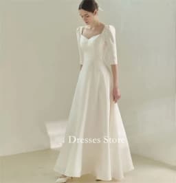MODX Korea Ivory V-Neck Simple Satin White Wedding Dresses 웨딩드레스 A-Line Half Sleeves Custom Made Bride Gowns Plus Size