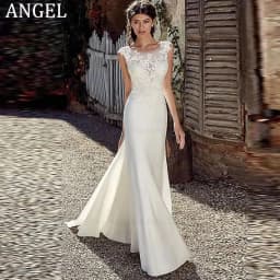 ANGEL Civil Mermaid Wedding Dress Customized Lace Scoop Neck Vestido Noiva Boho Satin White Bridal Gowns Illusion Appliques Back