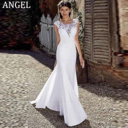 ANGEL Civil Mermaid Wedding Dress Customized Lace Scoop Neck Vestido Noiva Boho Satin White Bridal Gowns Illusion Appliques Back
