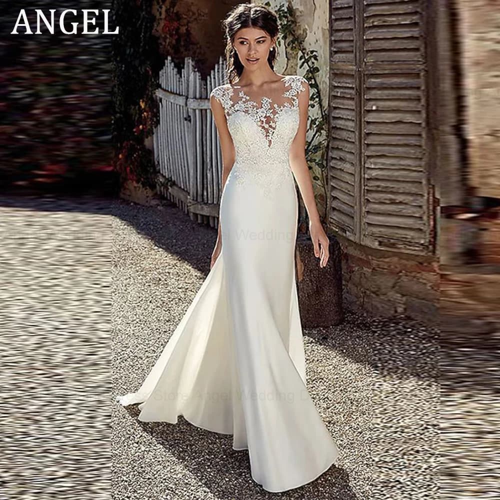 ANGEL Civil Mermaid Wedding Dress Customized Lace Scoop Neck Vestido Noiva Boho Satin White Bridal Gowns Illusion Appliques Back