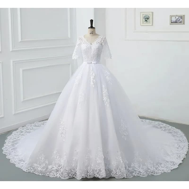 Luxury Full Sleeve Wedding Dress White New Sexy V-neck Bride Dress With Train Ball Gown Princess Classic Wedding Gown Customized