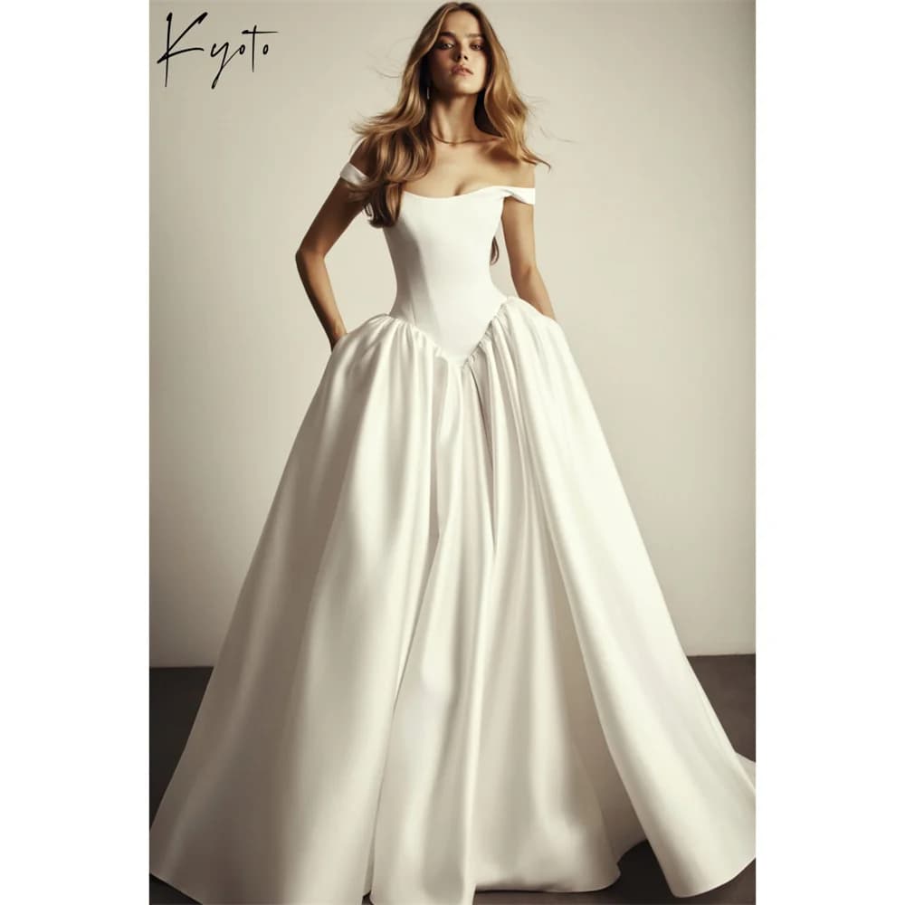 Kyoto Customized White Simple Satin Off Shoulder Wedding Dress A-Line Vestidos De Noche Elegant Court Train Robe De Mariée 2026