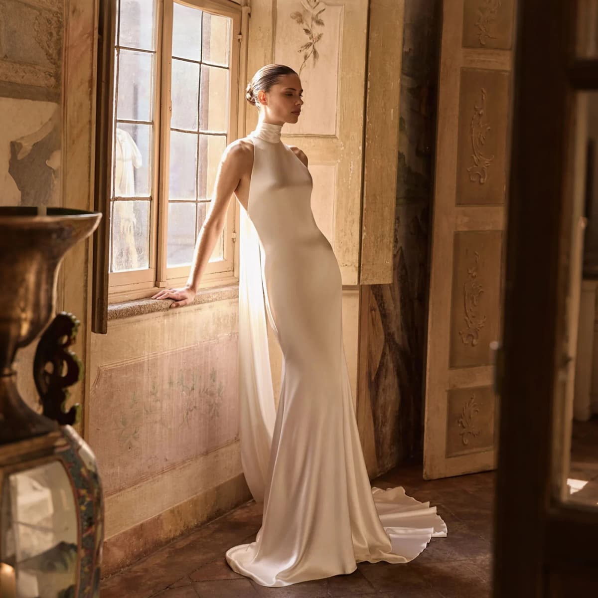 Ivory Satin Mermaid Wedding Dress High Neck Halter Backless Bridal Gown Sleeveless Reception Dresses For Weddings Customized