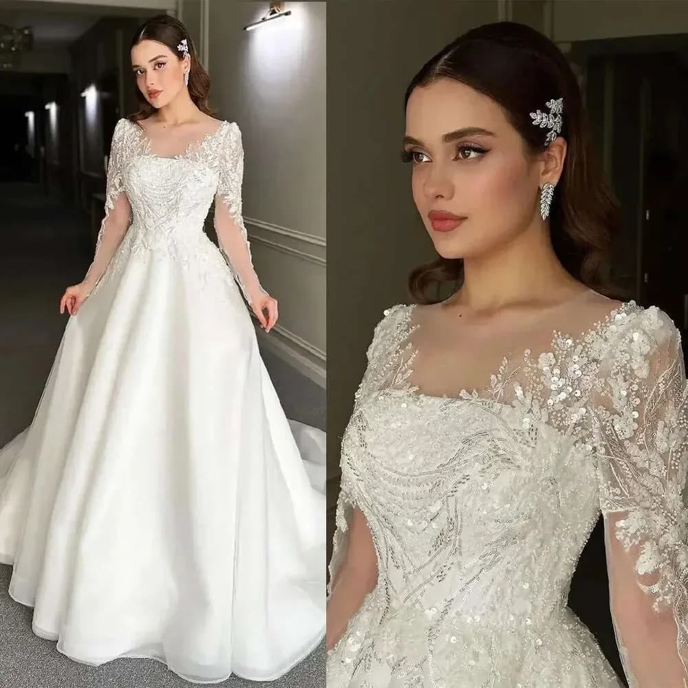 Customized Exquisite Lace Long Sleeves Wedding Dresses A-line Appliqued Sequins Layer Tulle Court Gown Custom Made Plus Size