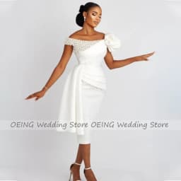 Sheath/Column Wedding Dress Short Off the Shoulder Pearls Luxury Gown for Bride White Draped Tea Length Bridal Dresses