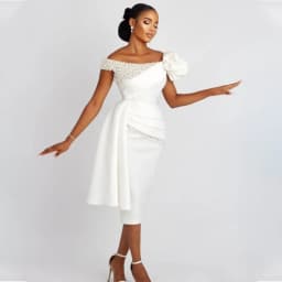 Sheath/Column Wedding Dress Short Off the Shoulder Pearls Luxury Gown for Bride White Draped Tea Length Bridal Dresses
