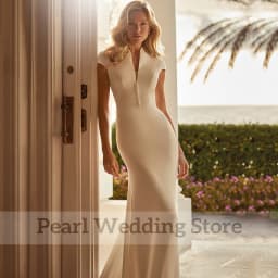 Classic V-Neck Cap Sleeve Mermaid Wedding Dress with Button Bride Jersey Beach Seaside Formal Marriage Floor Length Gowns