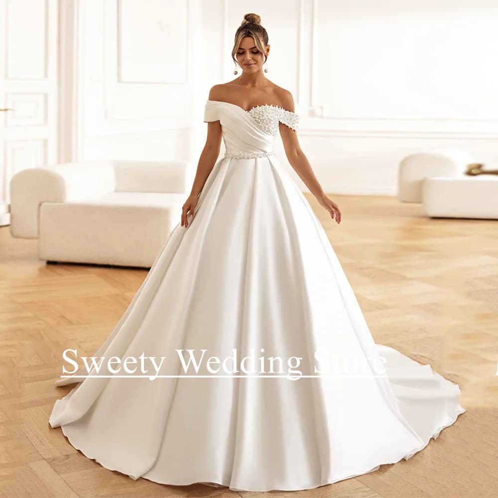 Ball Gown Wedding Dress Princess Bride Dresses Customized Off Shoulder Pleat Pearls Sweep Train Satin Bridal Gown for Woman