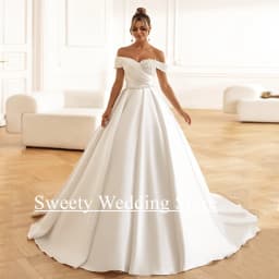 Ball Gown Wedding Dress Princess Bride Dresses Customized Off Shoulder Pleat Pearls Sweep Train Satin Bridal Gown for Woman