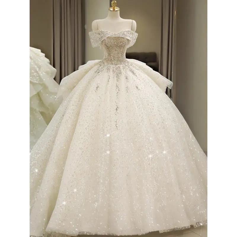 2025 New Off Shoulder Wedding Dress Lace Up Luxury Bridal Dresses Ball Gown Sweep Train Plus Size Vestido De Noiva  Customized