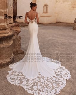BONJOURY Fashionable Satin Wedding Dress Spaghetti Straps Lace Appliques Trumpet Satin Court Train Vestidos De Novia Customized