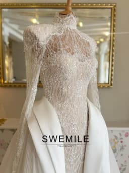 SWEMILE Luxurious High Neck Wedding Dress for Women Detachable Train Bride Gowns Full Sleeve Vestidos Para Mujer Customized