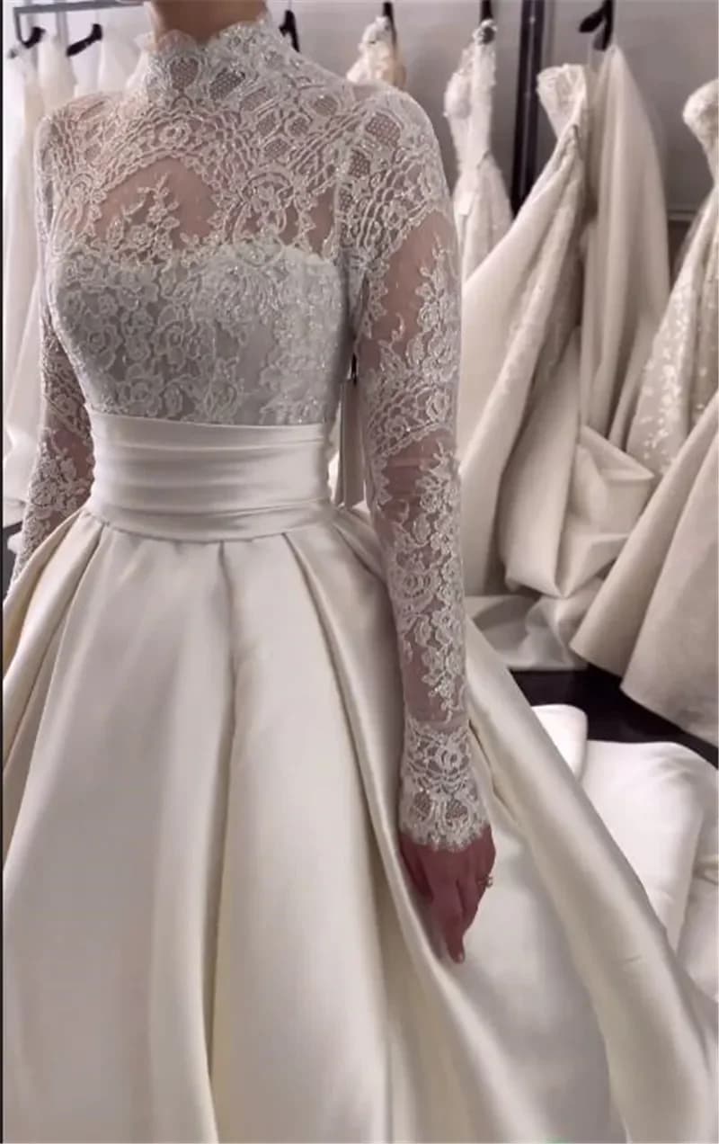Customized Elegant A Line Lace Wedding Dresses High Neck Long Sleeves Button Back Sweep Train Ruffle robe de mariee Bridal Gowns