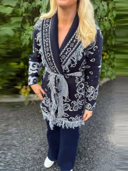 Women's Boho Print Knit Cardigan Top Fringe Trim Belted Long Sleeve Sweater Lace-up Coat 2025 New High Street Outerwear Outfit