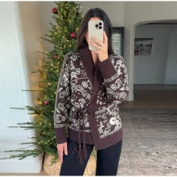 Women's Boho Print Knit Cardigan Top Fringe Trim Belted Long Sleeve Sweater Lace-up Coat 2025 New High Street Outerwear Outfit