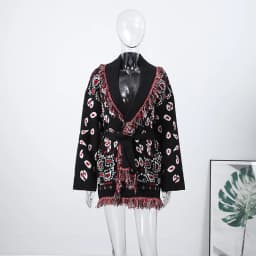 Casual Printed Cardigans Women Tassel Lace Up V-neck Full Sleeve Loose Knit Coat Female 2026 Autumn Fashion Lady Outwears