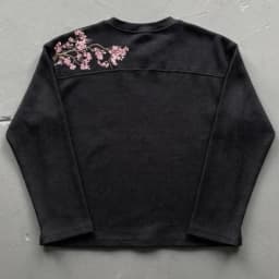Deeptown White Cherry Blossom Embroidery Man Women T-Shirts Long Sleeve Oversized Waffle Tees Basic Harajuku Casual Streetwear