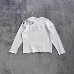 Deeptown White Cherry Blossom Embroidery Man Women T-Shirts Long Sleeve Oversized Waffle Tees Basic Harajuku Casual Streetwear