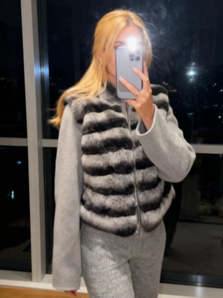 Patchwork Faux Fur Cardigan Women's Stand Collar Zipper Long Sleeve Fluffy Coat High Street Fashion Autumn Winter 2026 Sweater