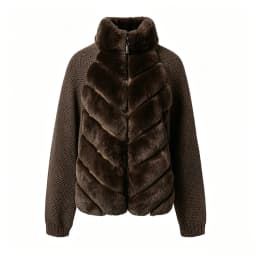 Patchwork Faux Fur Cardigan Women's Stand Collar Zipper Long Sleeve Fluffy Coat High Street Fashion Autumn Winter 2026 Sweater
