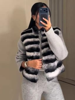 Patchwork Faux Fur Cardigan Women's Stand Collar Zipper Long Sleeve Fluffy Coat High Street Fashion Autumn Winter 2026 Sweater