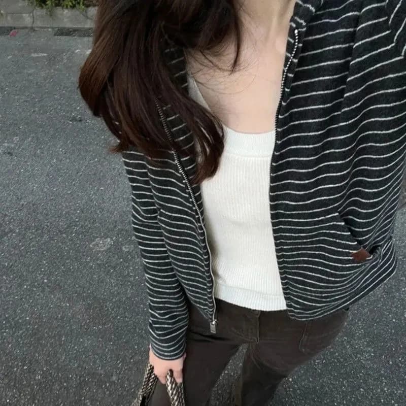 Striped Hooded Sweatshirt Women Long Sleeve Korean Zip Sportswear Spring Fall Loose Casual Harajuku Y2K Preppy Style Coat
