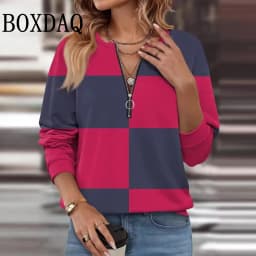 2025 Autumn Winter Sweatshirts Women Plaid Geometry Pattern Printed Long Sleeve Hoodies Casual Loose Zipper V-Neck Pullover Tops