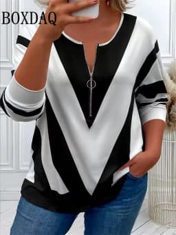 2025 Autumn Winter Sweatshirts Women Plaid Geometry Pattern Printed Long Sleeve Hoodies Casual Loose Zipper V-Neck Pullover Tops