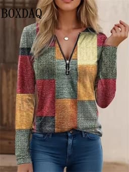 2025 Autumn Winter Sweatshirts Women Plaid Geometry Pattern Printed Long Sleeve Hoodies Casual Loose Zipper V-Neck Pullover Tops