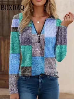 2025 Autumn Winter Sweatshirts Women Plaid Geometry Pattern Printed Long Sleeve Hoodies Casual Loose Zipper V-Neck Pullover Tops
