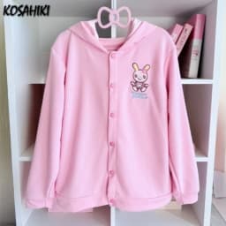 Japanese Cartoon Embroidery Cute Hoodies Y2k Aesthetic Women Kawaii Rabbit Ear Hooded Sweatshirts Causal Pink Tops Hoody Coat