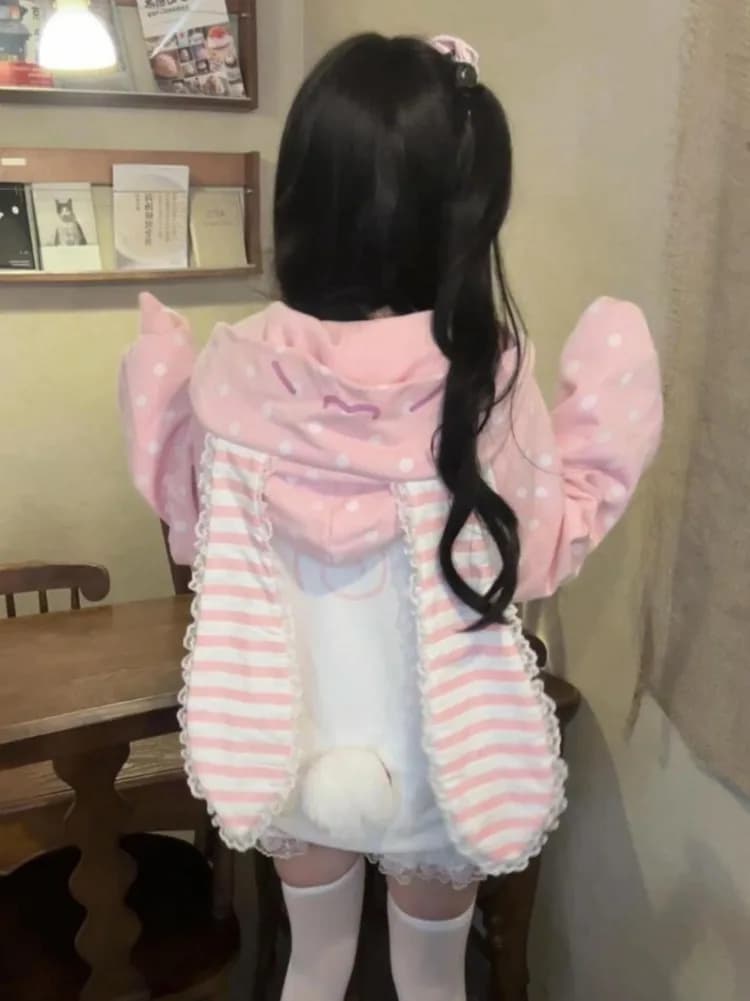 Japanese Kawaii Rabbit's Ears Hoodies Loose Polka Dot Patchwork Women Grunge Hoody Y2k Aesthetic Fairy Strawberry Sweatshirt