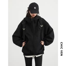 CHIC VEN Women Sweatshirts Loose Casual Hooded Long Sleeves with Plush Sweater Double Zipper Oversize Coat Spring Autumn 2026