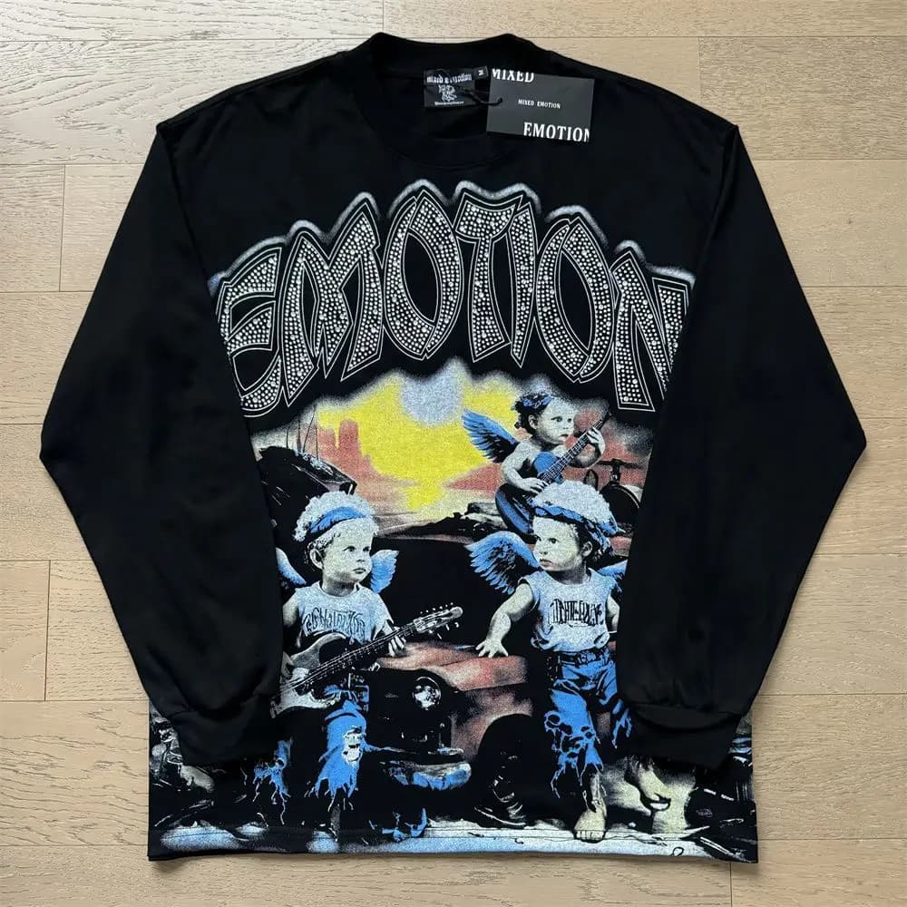 MIXED EMOTION Long Sleeve T-shirt Men Women High Street Full Print 100% Cotton Crewneck Hip Hop Oversized Tops
