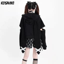 Harajuku Black Letter Crop Hoodies Women Casual Rabbit's Ears Hooded Grunge Y2k Aesthetic Vintage Streetwear Zip Up Sweatshirt