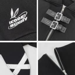 Harajuku Black Letter Crop Hoodies Women Casual Rabbit's Ears Hooded Grunge Y2k Aesthetic Vintage Streetwear Zip Up Sweatshirt
