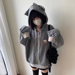 2000S American Vintage Striped Loose Long Sleeve Hooded Sweatshirt Y2k Subculture Casual Zip Up Hooded Cardigan Harajuku Coats