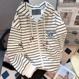 2000S American Vintage Striped Loose Long Sleeve Hooded Sweatshirt Y2k Subculture Casual Zip Up Hooded Cardigan Harajuku Coats