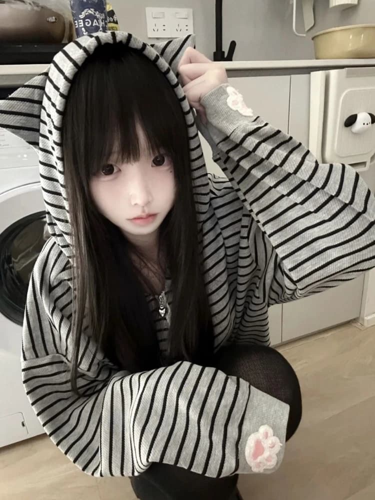 Autumn Japanese Stripe Cat's Ears Hoodies Women Y2k Aesthetic Cartoon Embroidery Grunge Hoody Loose Casual Pocket Sweatshirt