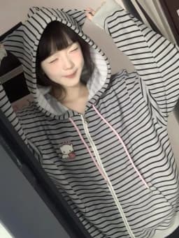 Autumn Japanese Stripe Cat's Ears Hoodies Women Y2k Aesthetic Cartoon Embroidery Grunge Hoody Loose Casual Pocket Sweatshirt